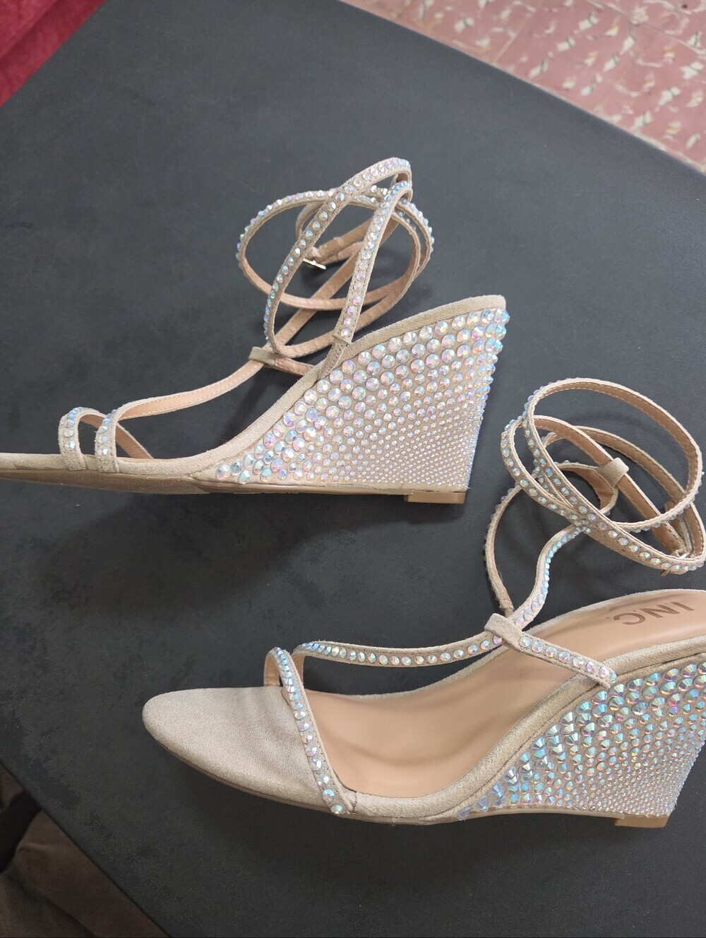 INC International Concepts Rhinestone Wedge Sandals 8.5 Wrap Ankle Strappy Heels